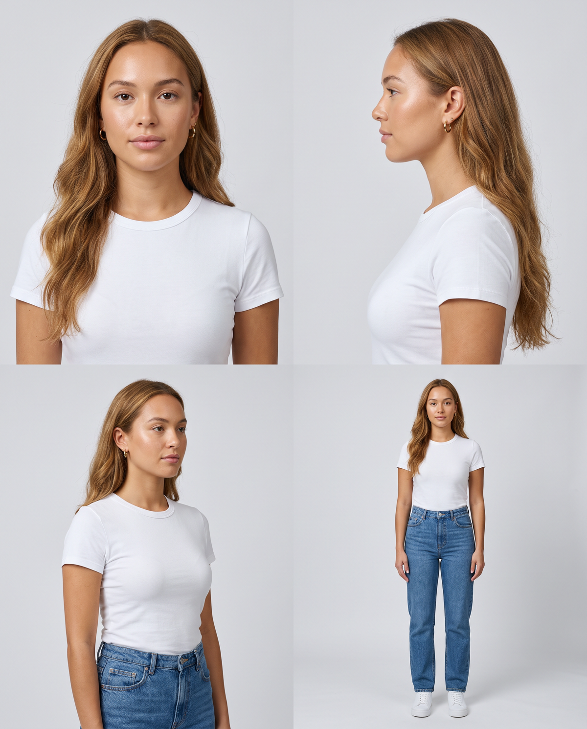 Kit Influenceuse IA - fiche personnage en 4 angles (image générée par IA)