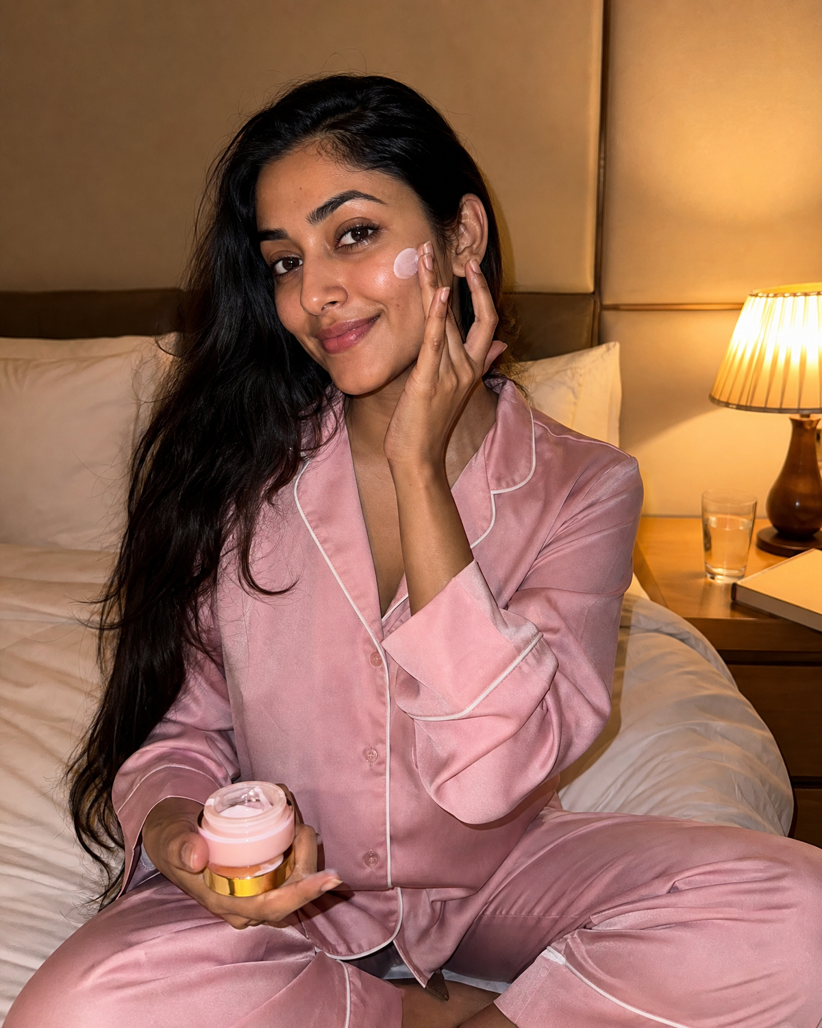 Prompt UGC Night Routine - routine skincare du soir au lit, photo créatrice UGC