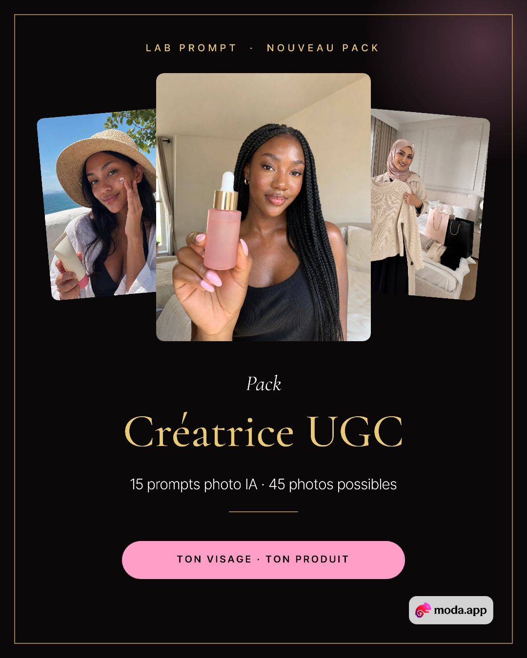 Pack Créatrice UGC - affiche du pack Lab Prompt, prompts photo IA